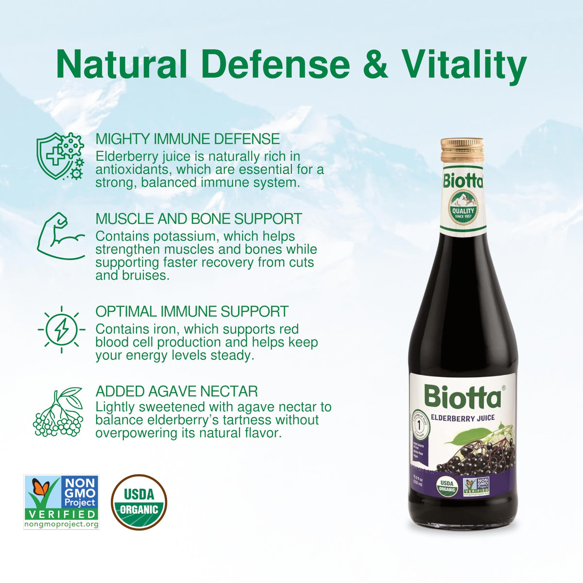 Biotta elderberry juice label close-up showing organic, non-GMO ingredients.