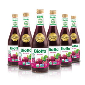 Biotta Organic Beet Juice bottle showcases 100% vegetable juice for everyday wellness.