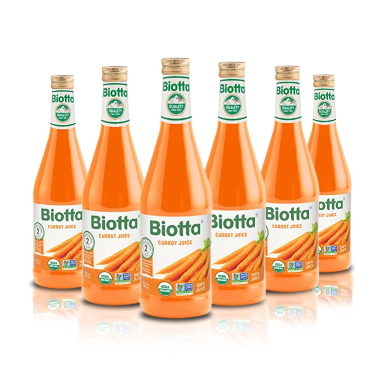 Biotta Organic Carrot Juice bottle on table, a natural vitamin A source.