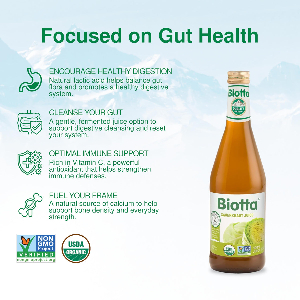 Biotta Sauerkraut Juice glass-serve highlights an energy-boosting veggie sip