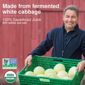 Biotta Sauerkraut Juice label-closeup shows organic, non-GMO credentials
