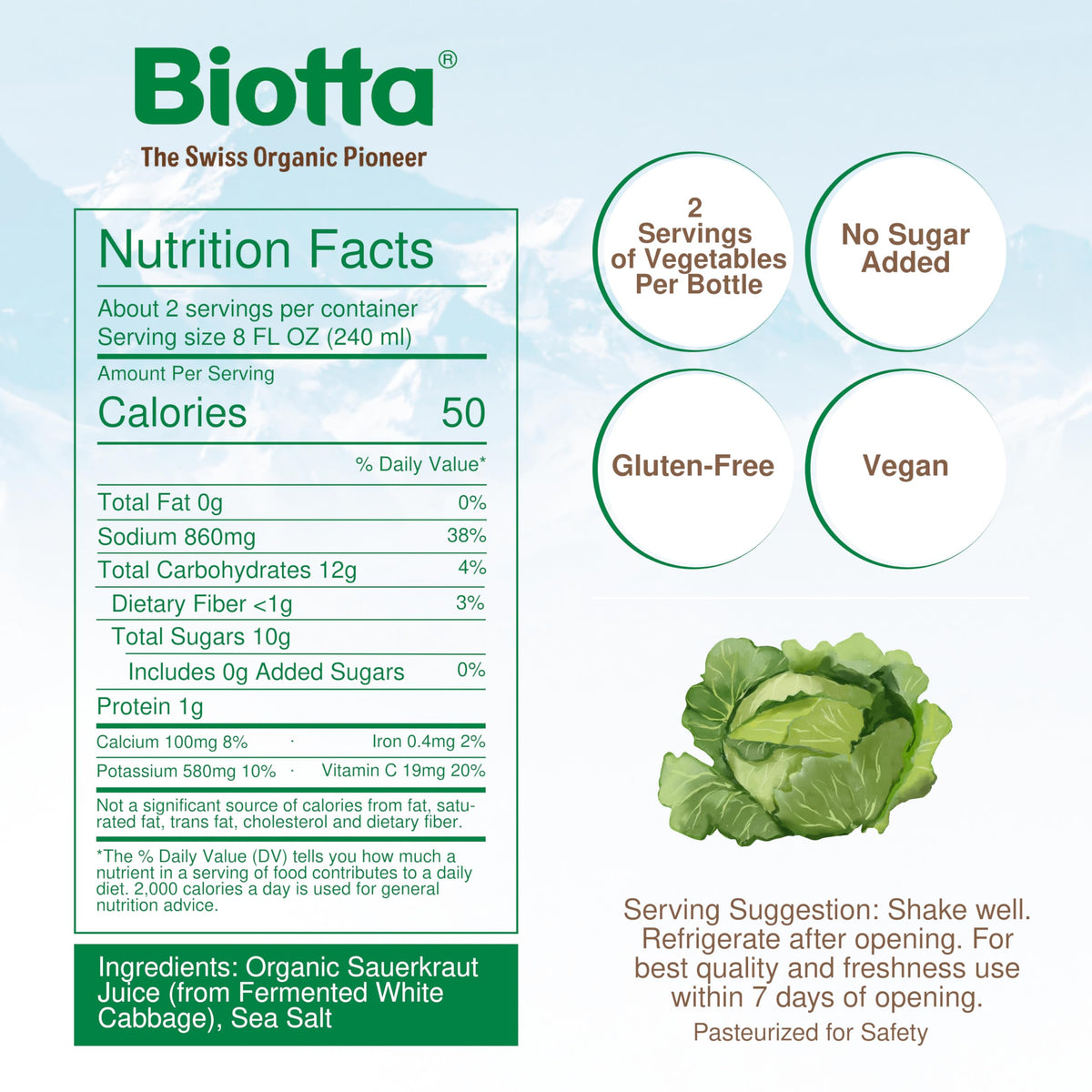 Biotta Sauerkraut Juice pack-shot features a convenient 6-pack for wellness on the go