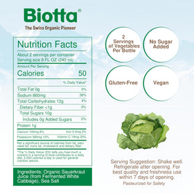 Biotta Sauerkraut Juice pack-shot features a convenient 6-pack for wellness on the go