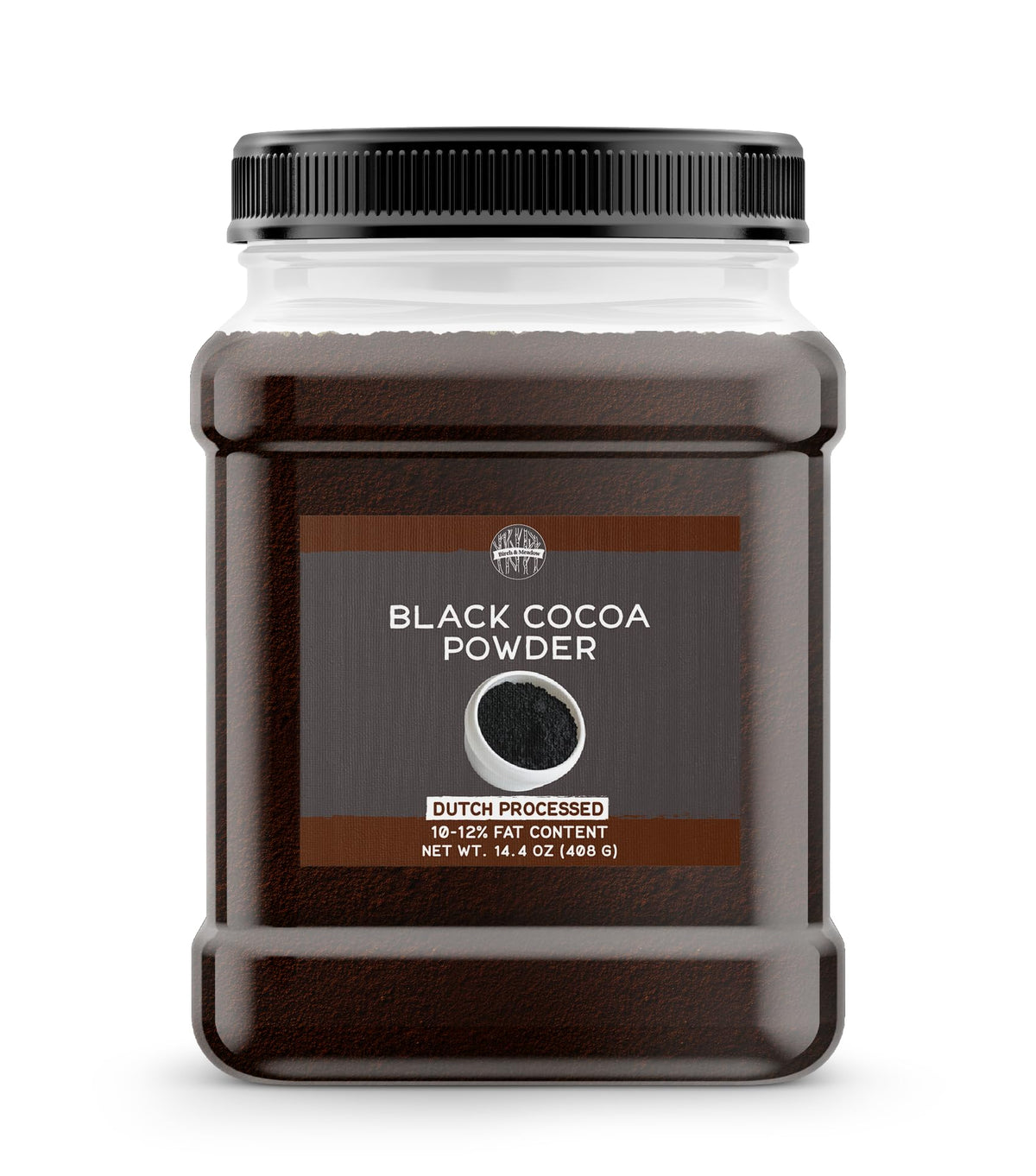 Birch & Meadow Black Cocoa Powder packaging highlights premium Dutch-processed cocoa for rich desserts.