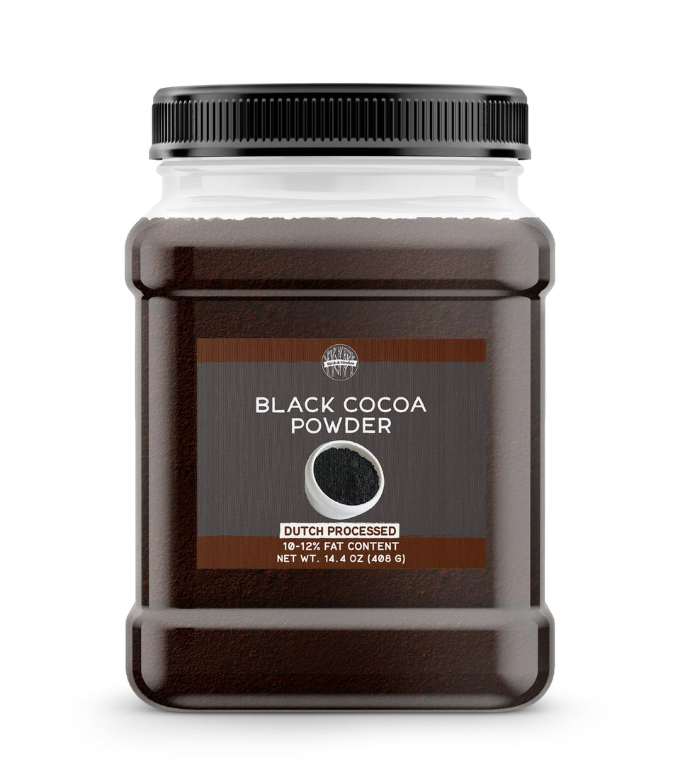 Birch & Meadow Black Cocoa Powder packaging highlights premium Dutch-processed cocoa for rich desserts.