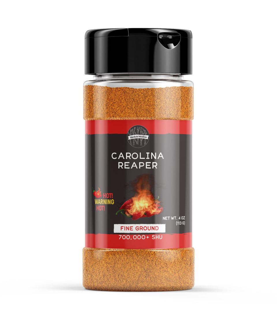 Birch & Meadow Carolina Reaper powder bottle—fiery heat for bold recipes.
