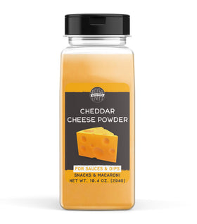 Birch & Meadow cheddar cheese powder jar close-up for rich flavor enhancement.