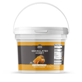 Birch & Meadow granulated honey bucket closeup with resealable lid for freshness.