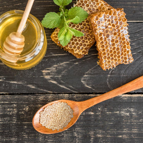 Birch & Meadow granulated honey shown as a gluten-free ingredient for baking.