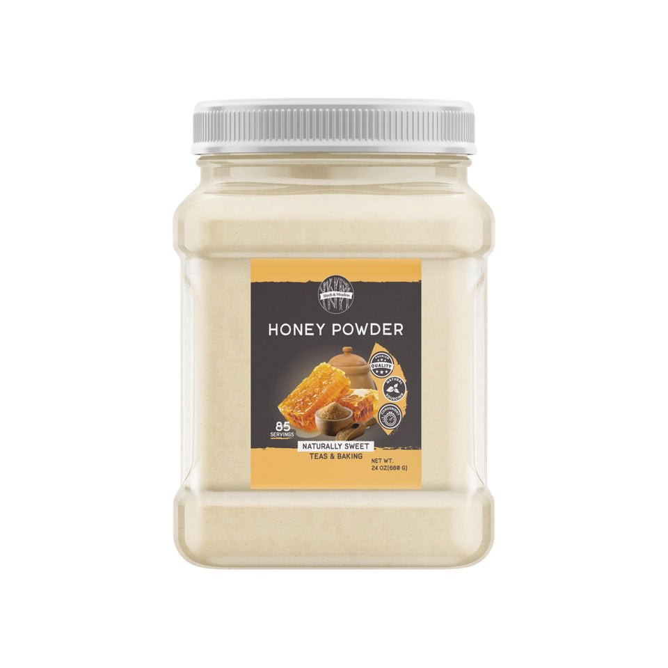 Birch & Meadow honey powder jar on kitchen counter, perfect for quick tea sweetening.