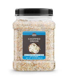 Birch & Meadow chopped onions packaging, a convenient pantry staple for quick flavor boosts.
