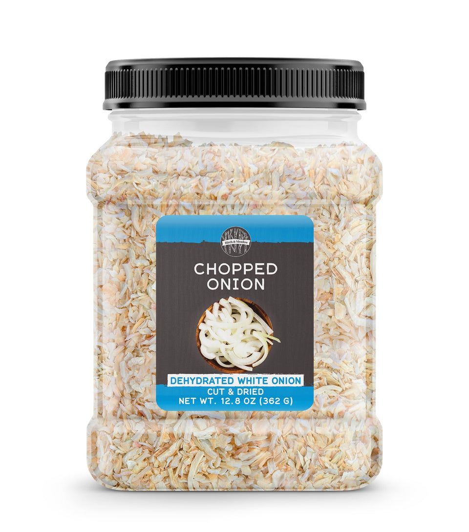 Birch & Meadow chopped onions packaging, a convenient pantry staple for quick flavor boosts.