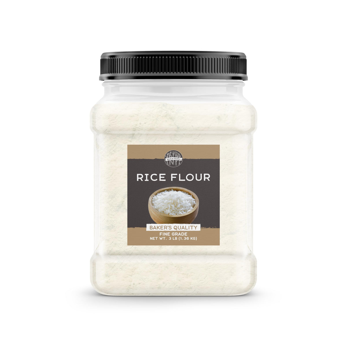 Birch & Meadow rice flour packaging displays gluten-free product for bakers