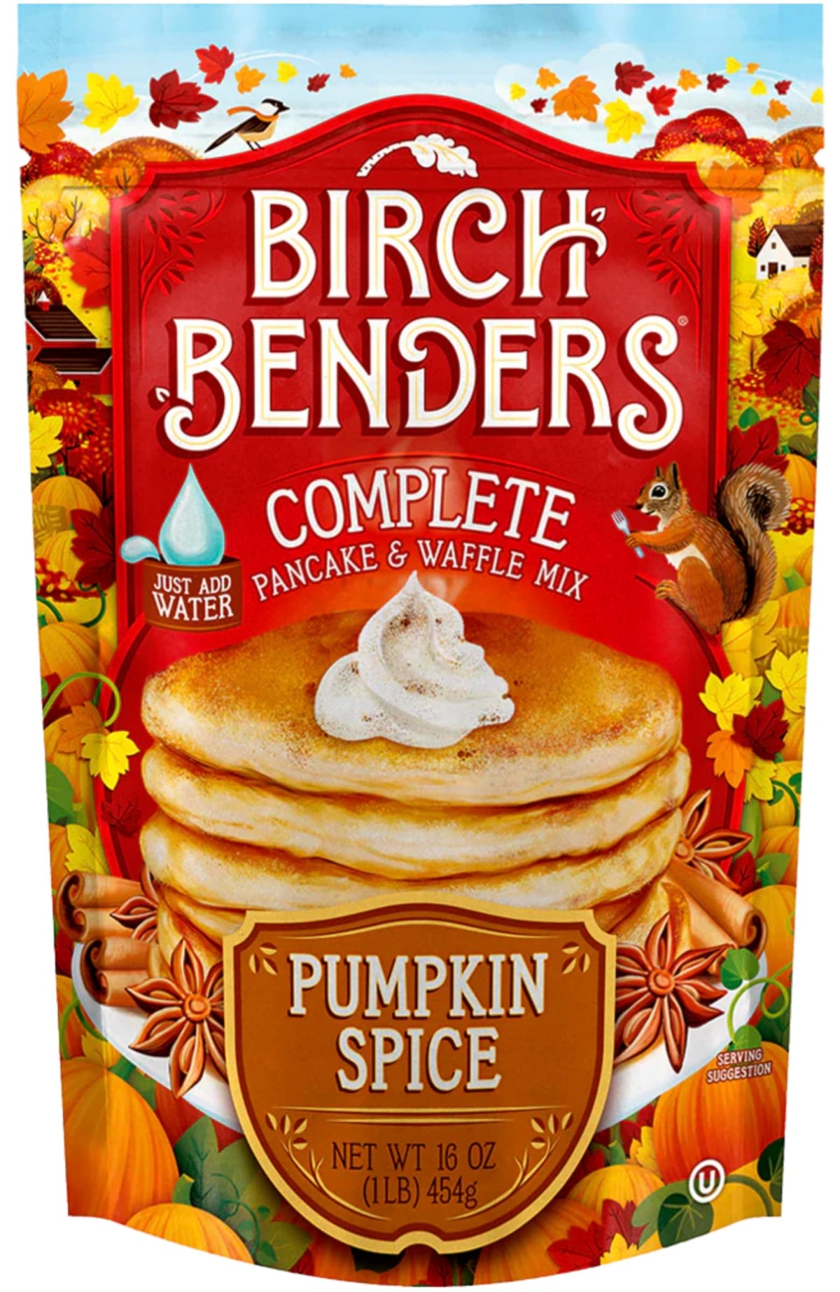 Birch Benders Pumpkin Spice Pancake Mix pouch on the counter for quick cozy breakfasts.