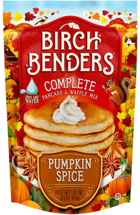 Birch Benders Pumpkin Spice Pancake Mix pouch on the counter for quick cozy breakfasts.