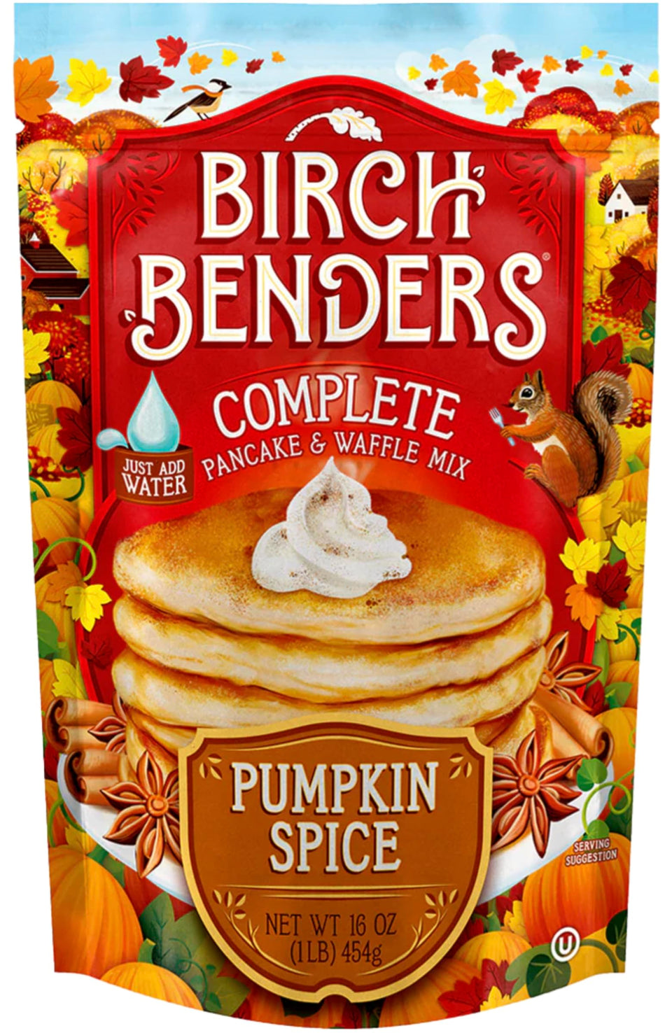 Birch Benders Pumpkin Spice Pancake Mix pouch on the counter for quick cozy breakfasts.
