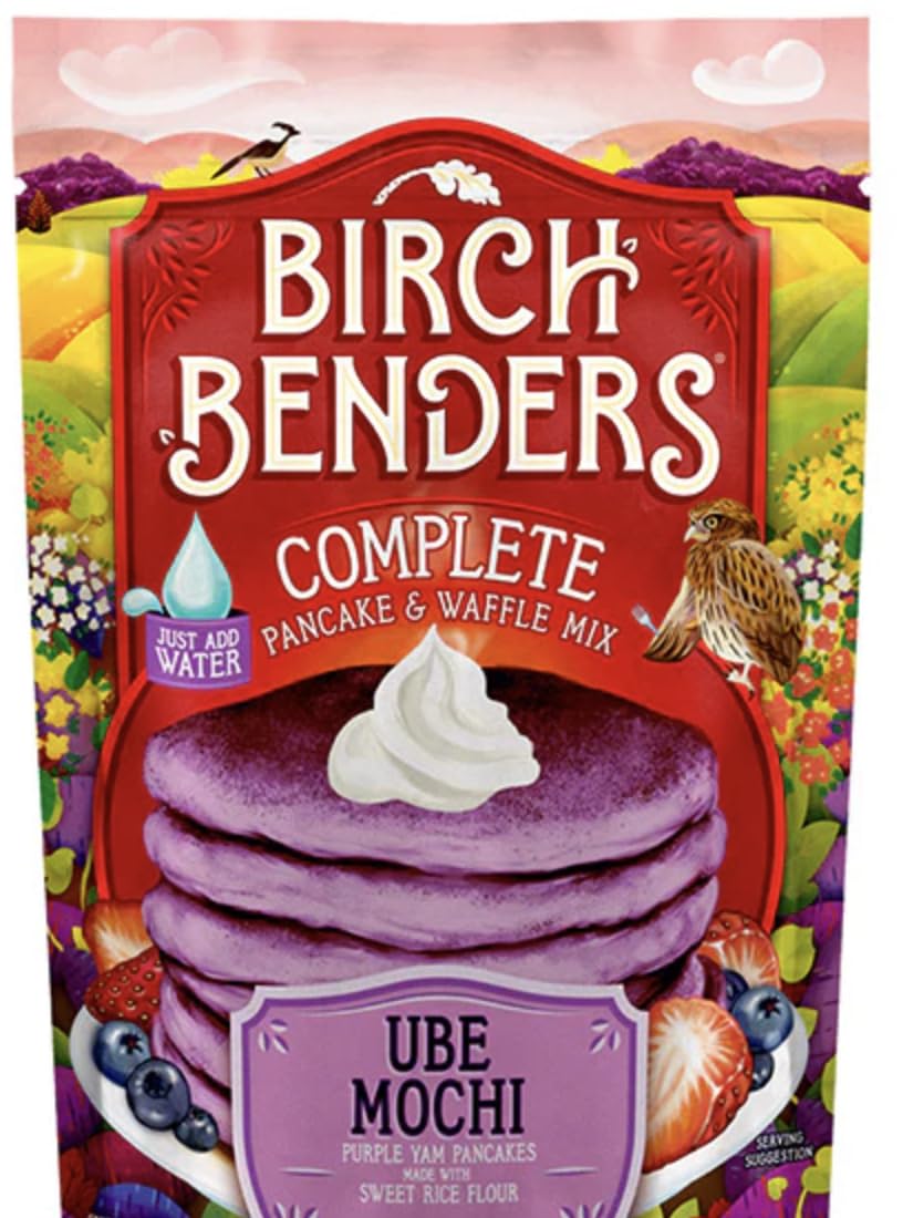 Birch Benders Ube Mochi pancake batter pour shows vibrant purple color and easy prep.