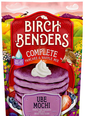 Birch Benders Ube Mochi pancake batter pour shows vibrant purple color and easy prep.