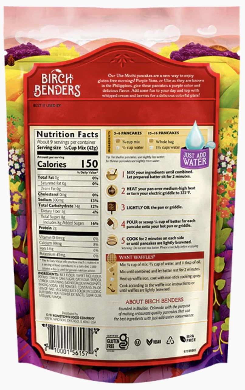 Birch Benders Ube Mochi pancakes stacked with toppings, ideal for colorful brunch.