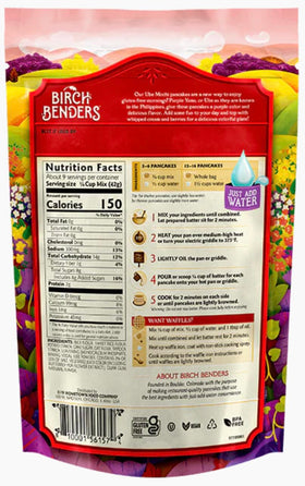 Birch Benders Ube Mochi pancakes stacked with toppings, ideal for colorful brunch.
