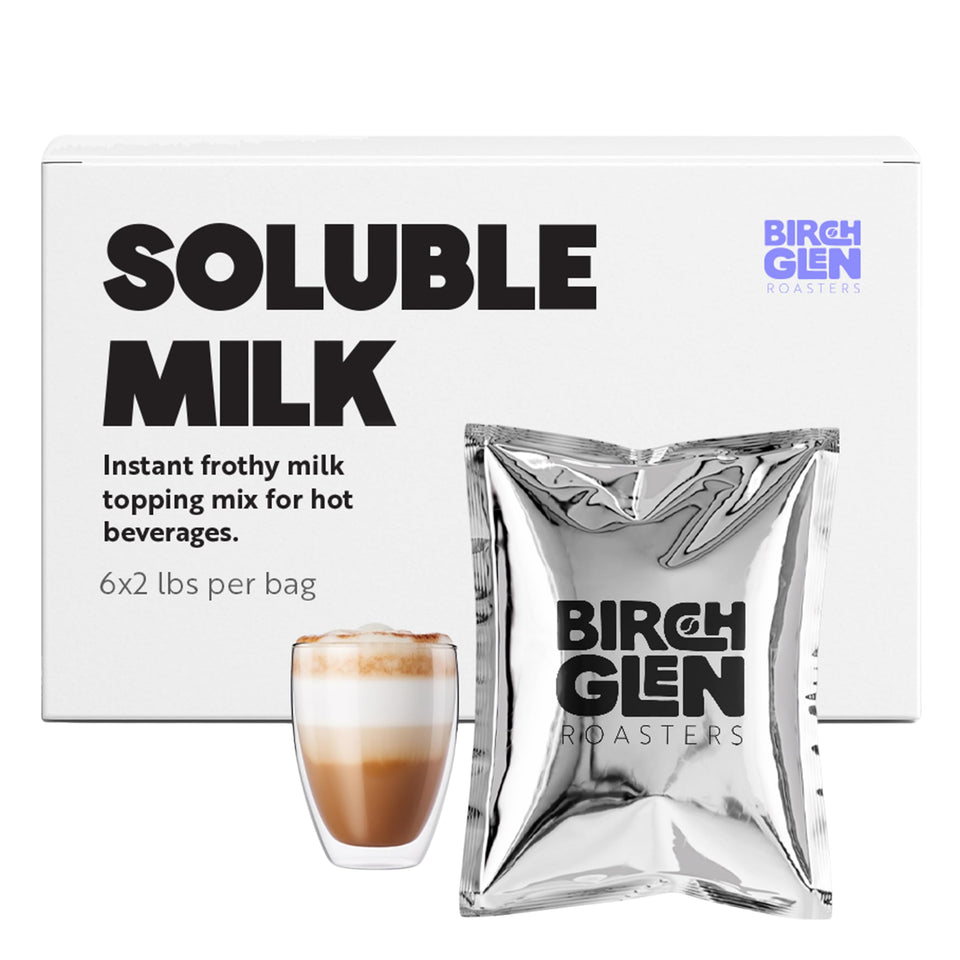 Birch Glen Roasters soluble milk froth mix bulk case display for quick-service environments