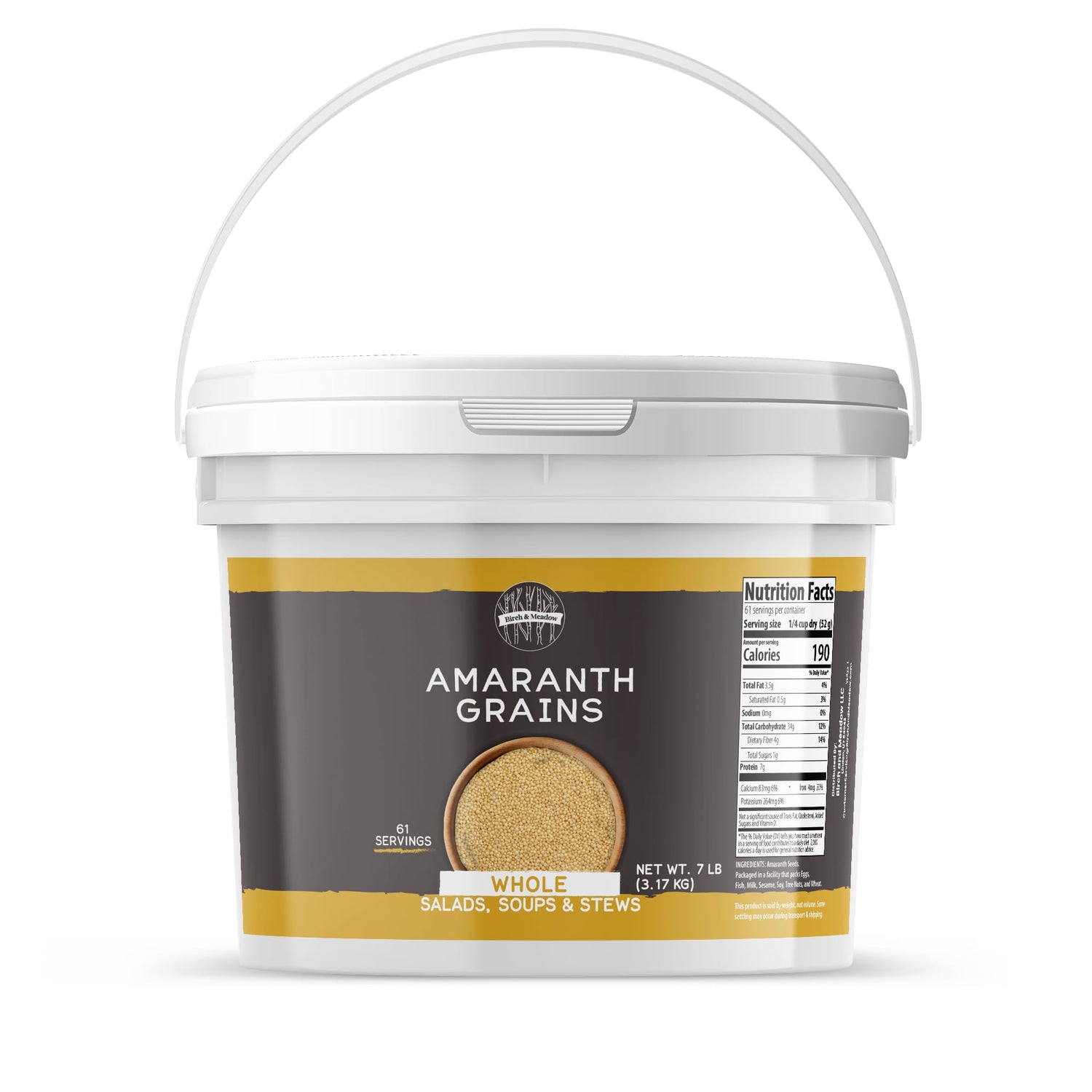 Birch & Meadow amaranth grains package on kitchen counter, non GMO and allergen free.