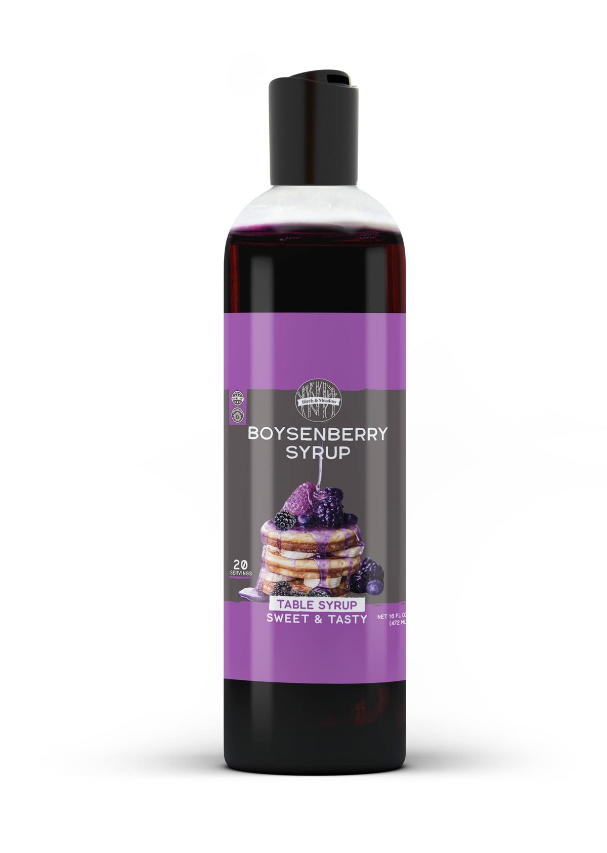 Birch & Meadow Boysenberry Syrup bottle ready to top pancakes.