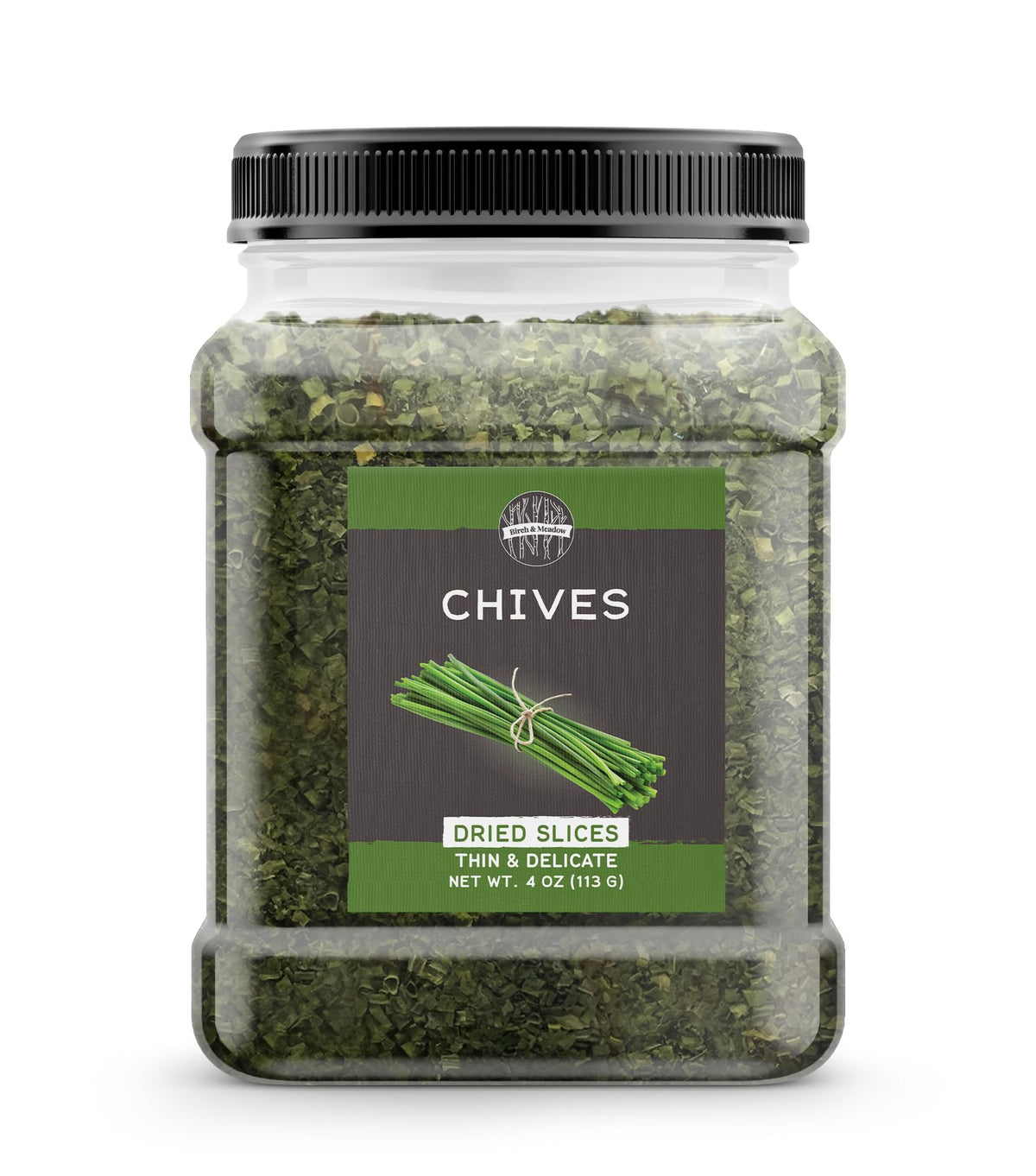 Birch & Meadow dried chives jar closeup for fresh garnish on dishes.