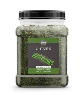Birch & Meadow dried chives jar closeup for fresh garnish on dishes.