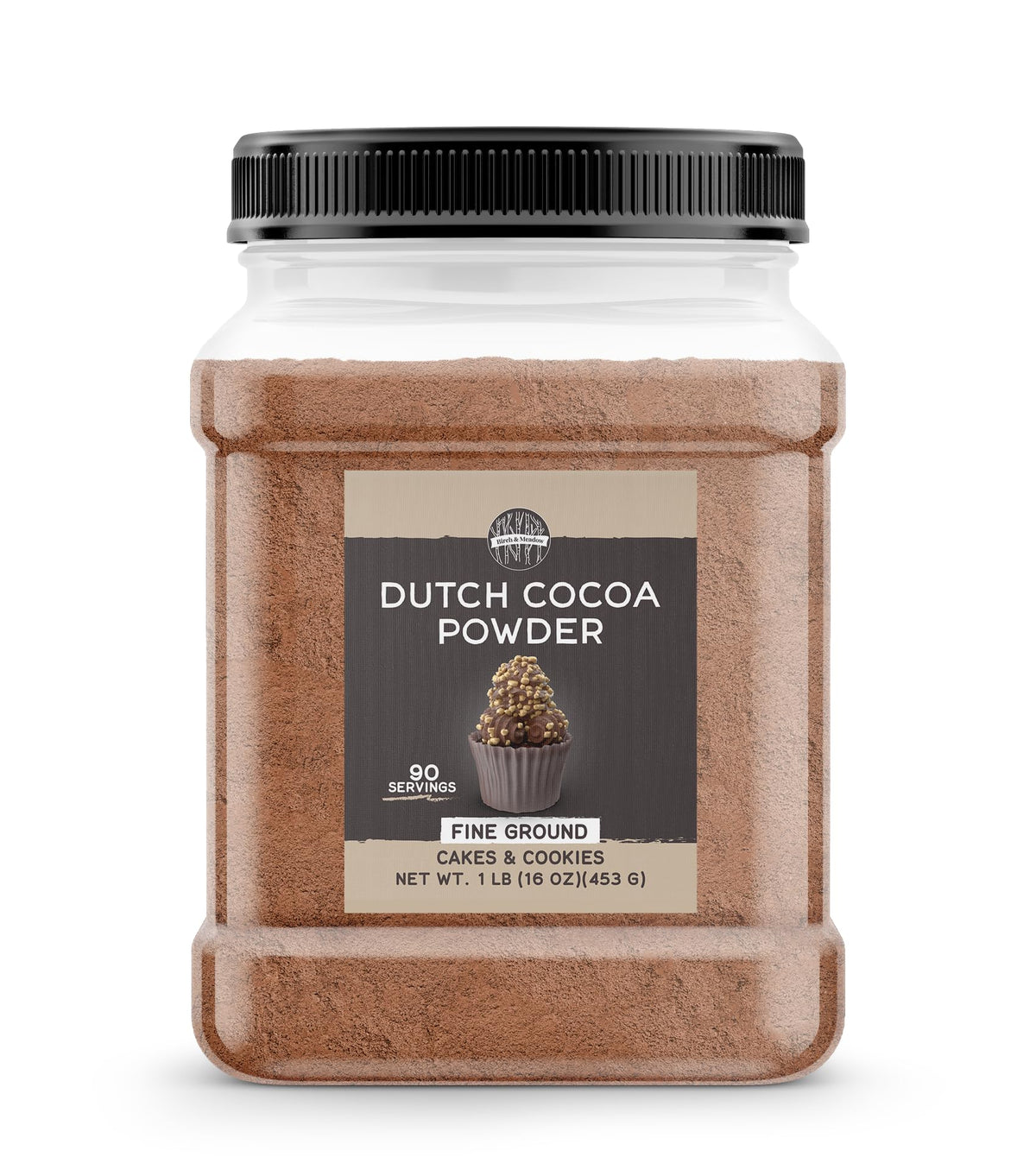 Birch and Meadow Dutch Cocoa Powder in a resealable jar for rich baking flavor.