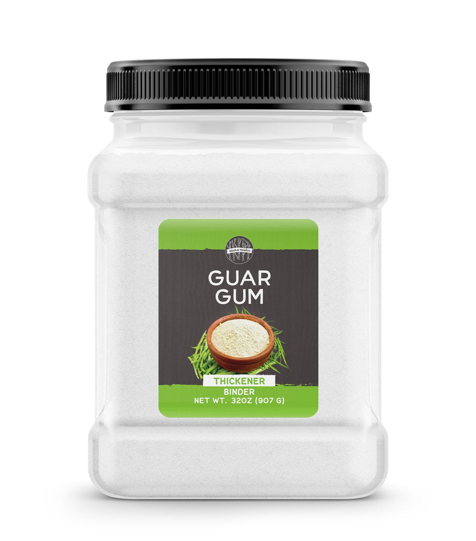 Birch and Meadow Guar Gum jar on countertop, a versatile thickener for gravies.