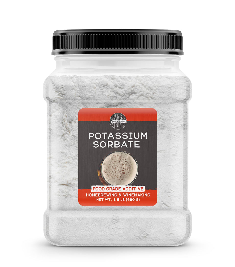 Birch and Meadow Potassium Sorbate bottle closeup showing neutral preservative use.