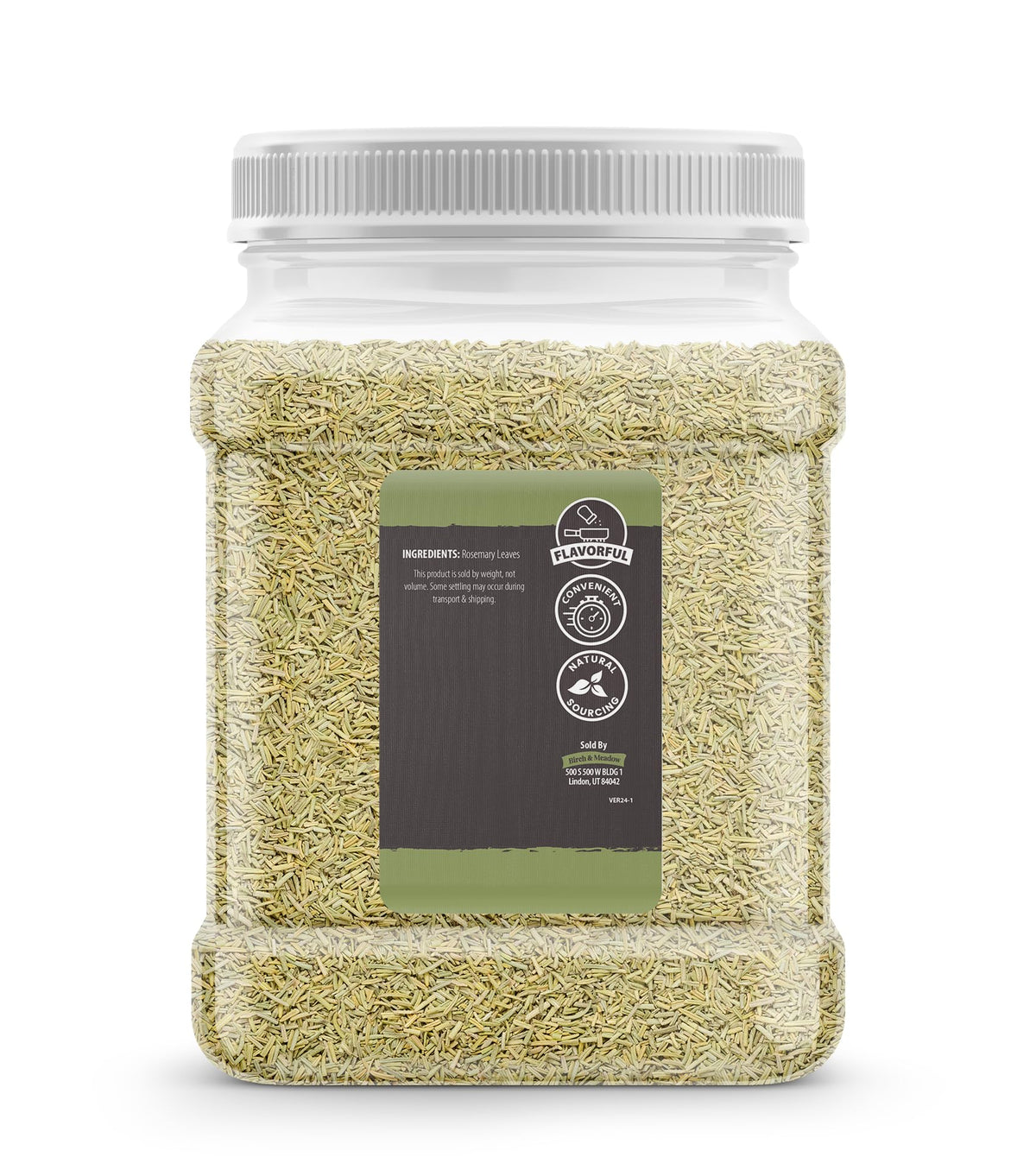 Birch & Meadow rosemary in a resealable square container for pantry freshness