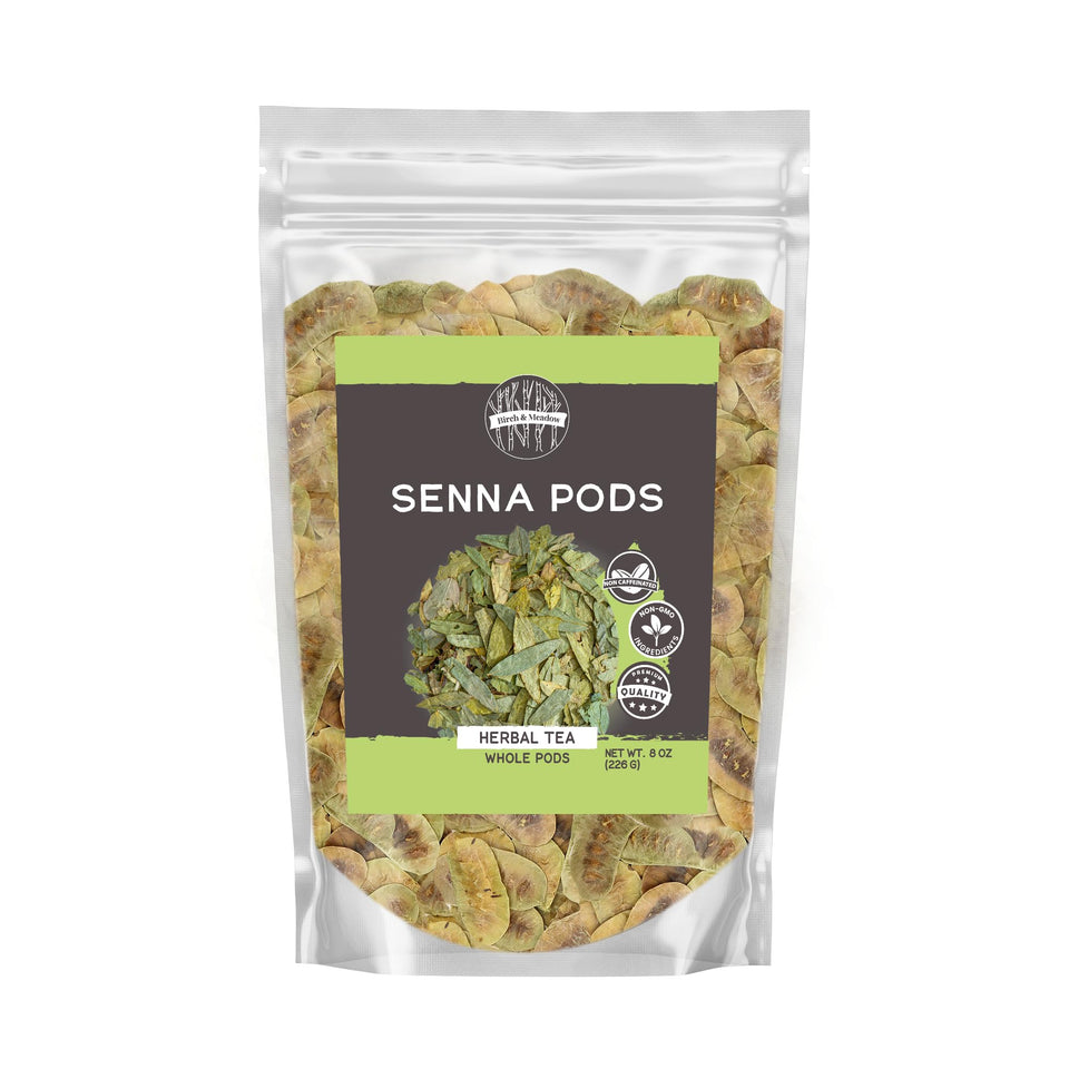 Birch & Meadow senna pods whole in a resealable bag for easy freshness.