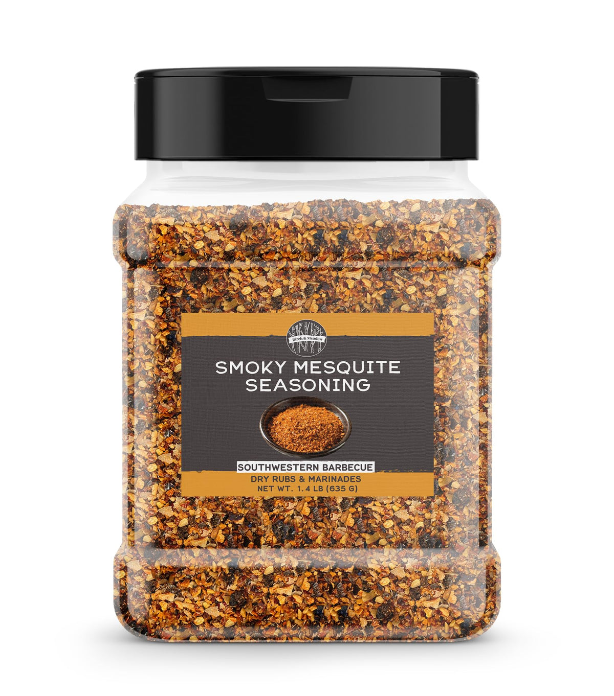 Birch & Meadow smoky mesquite seasoning bottle pour enhances grilled flavor.