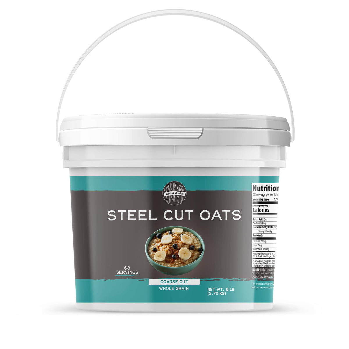 Birch & Meadow steel cut oats in a 1-gallon bucket for hearty breakfasts.