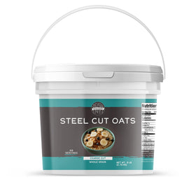 Birch & Meadow steel cut oats in a 1-gallon bucket for hearty breakfasts.