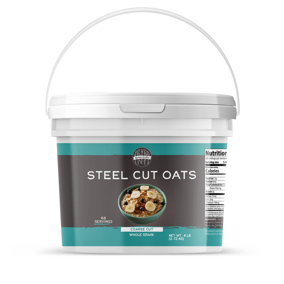 Birch & Meadow steel cut oats in a 1-gallon bucket for hearty breakfasts.