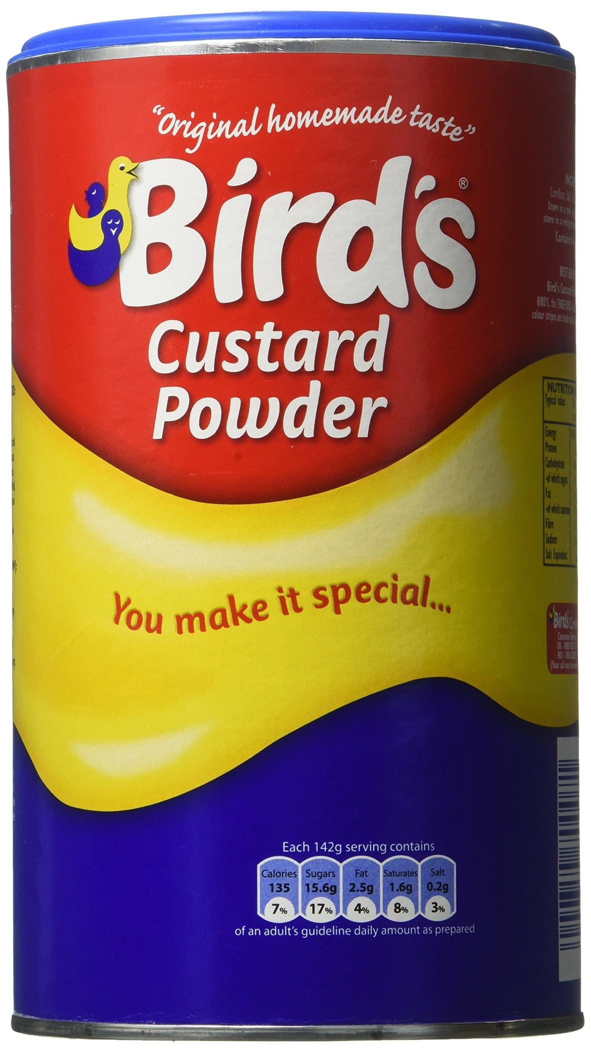Bird's vanilla custard powder can, showcasing smooth mix for easy desserts.