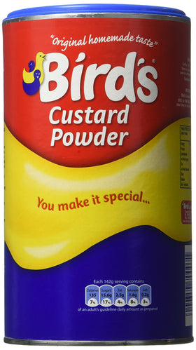 Bird's vanilla custard powder can, showcasing smooth mix for easy desserts.
