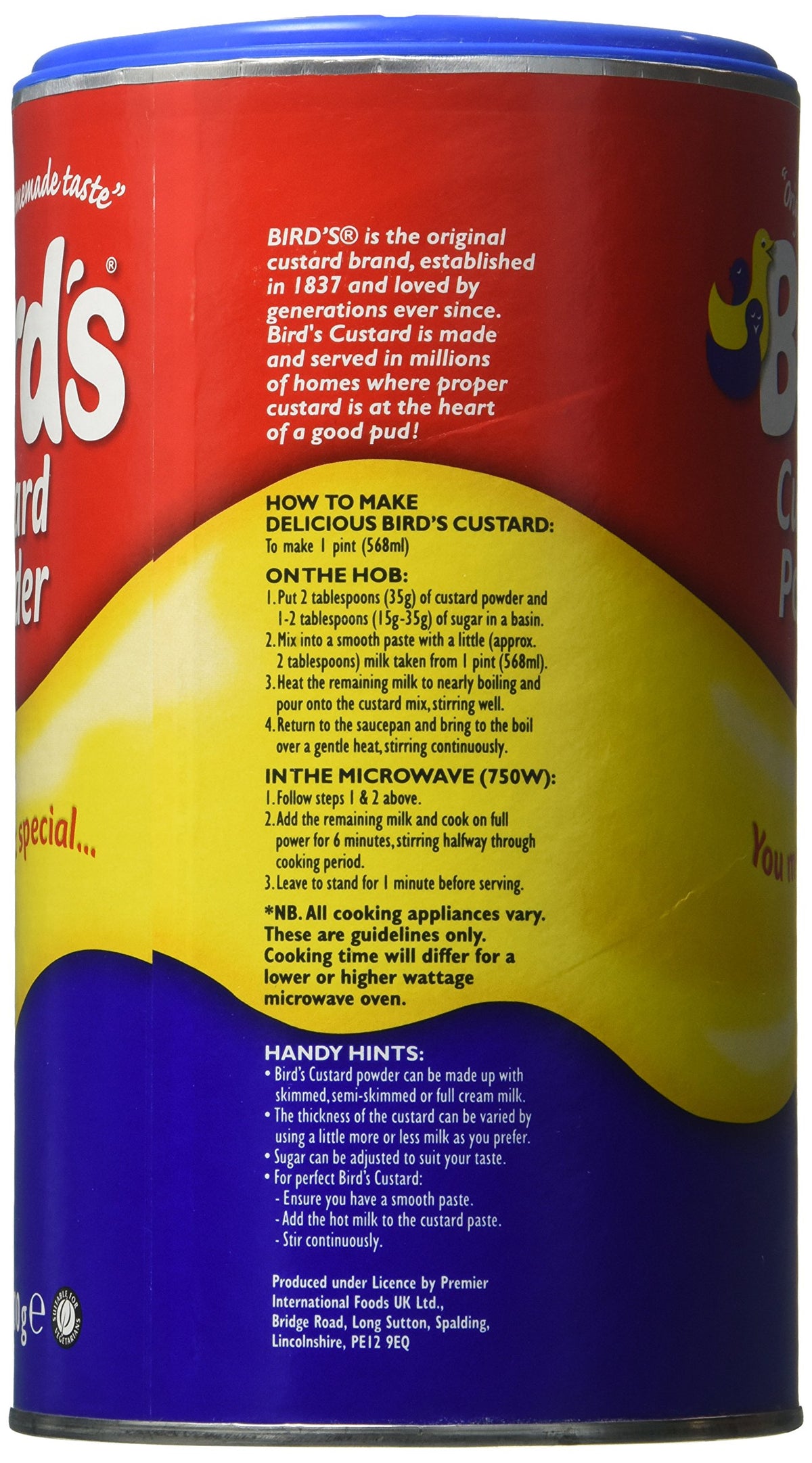 Bird's vanilla custard powder pack with scoop, ready to whisk into silky desserts and toppings.