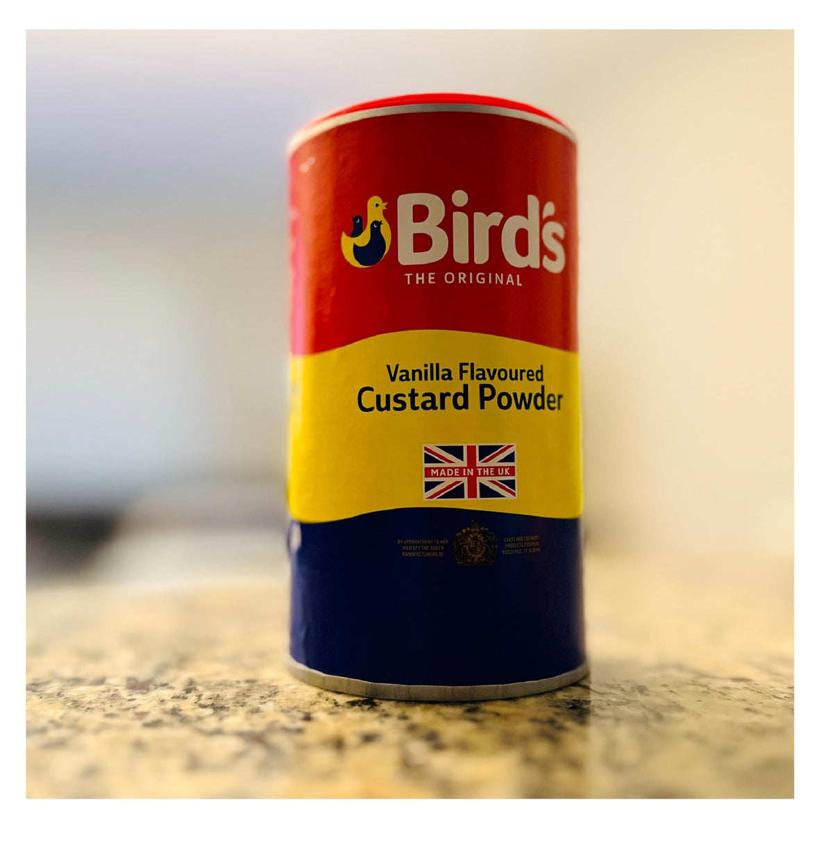 Bird's Vanilla Custard Powder ingredients label closeup.