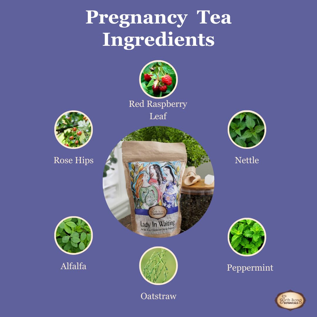Birth Song Botanicals Lady in Waiting tea packaging label highlights mom-focused blend