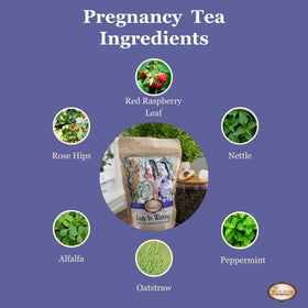 Birth Song Botanicals Lady in Waiting tea packaging label highlights mom-focused blend