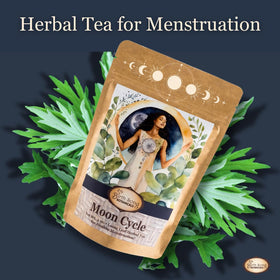 Birth Song Botanicals Moon Cycle Tea with steam rising conveys soothing, predictable relief potential.