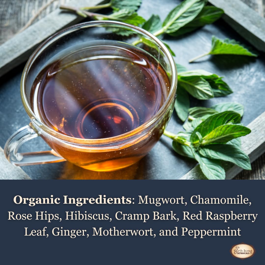 Birth Song Botanicals Moon Cycle Tea cup steeping promises a gentle ritual for cycle support.