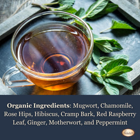 Birth Song Botanicals Moon Cycle Tea cup steeping promises a gentle ritual for cycle support.