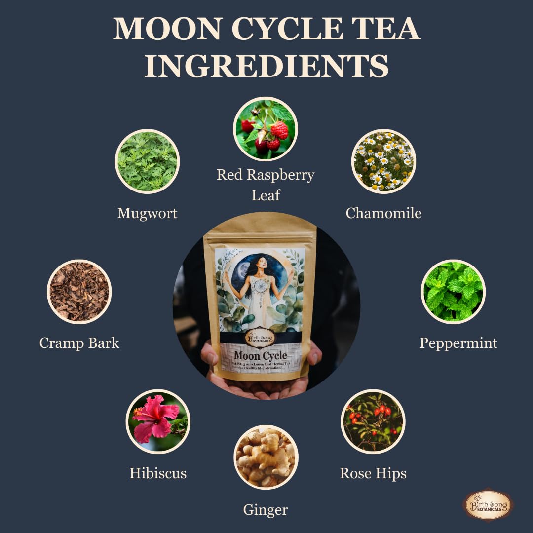 Birth Song Botanicals Moon Cycle Tea loose-leaf shows premium quality for soothing cramps.