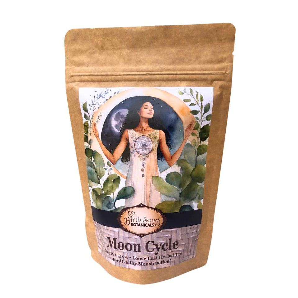 Birth Song Botanicals Moon Cycle Tea packaging highlights organic ingredients for natural menstrual support.