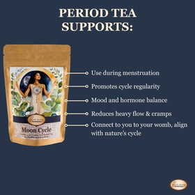 Birth Song Botanicals Mugwort-Raspberry-Chamomile blend close-up highlights calming herbal notes.